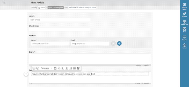 Save incomplete draft of content item with required fields empty